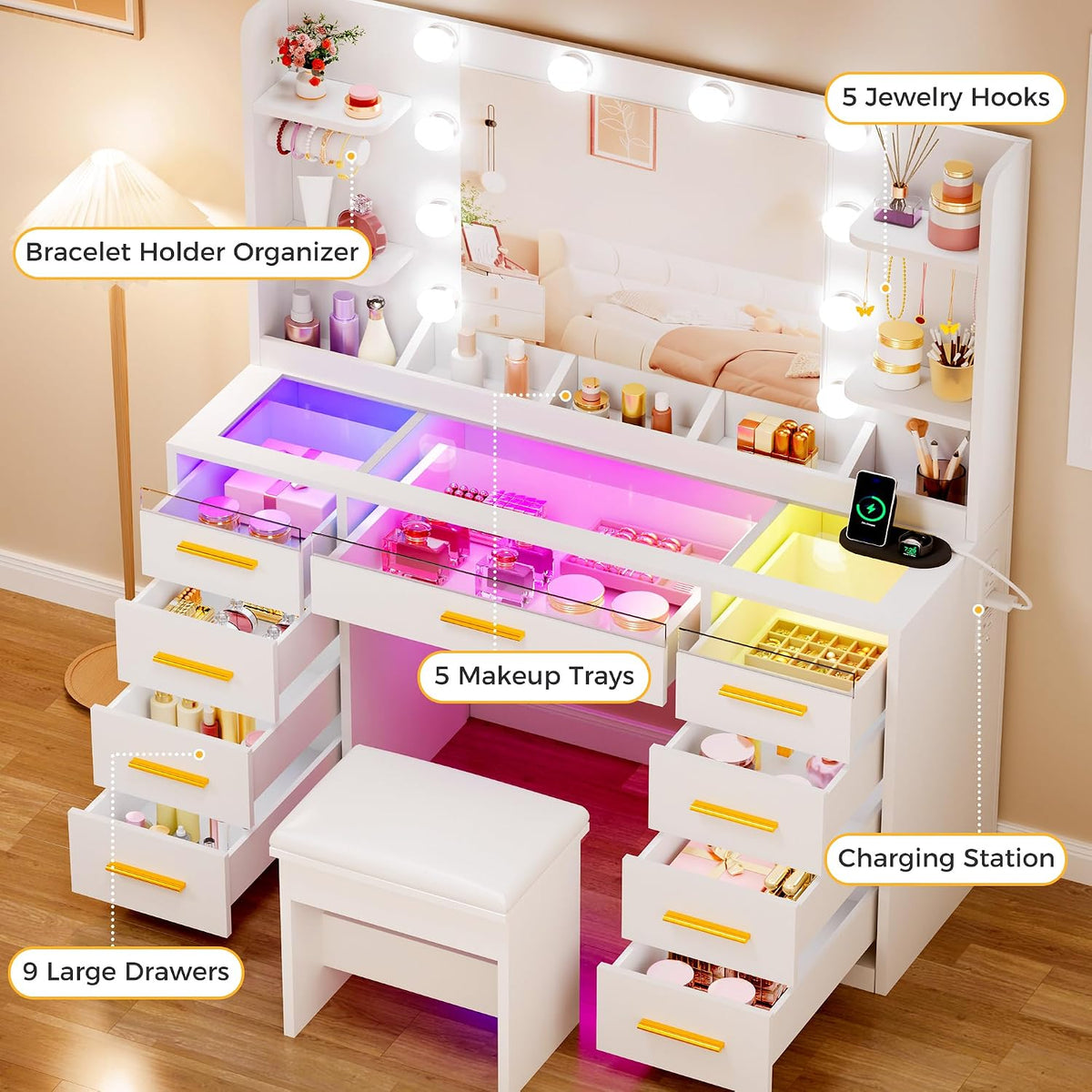 Large Lighted Vanity Desk, Transparent Glass Top