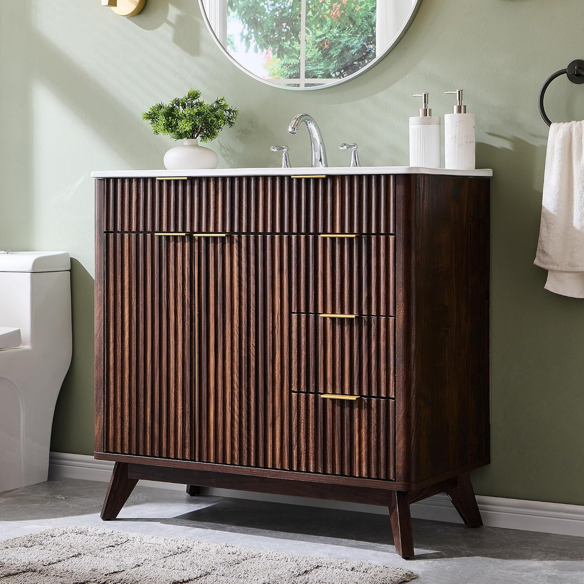 36" Dark Walnut Fluted Bathroom Vanity with Ceramic Sink