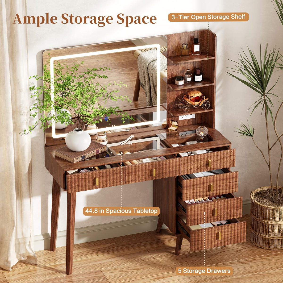 Walnut Lighted Vanity Desk,6 Drawers,Power Outlet