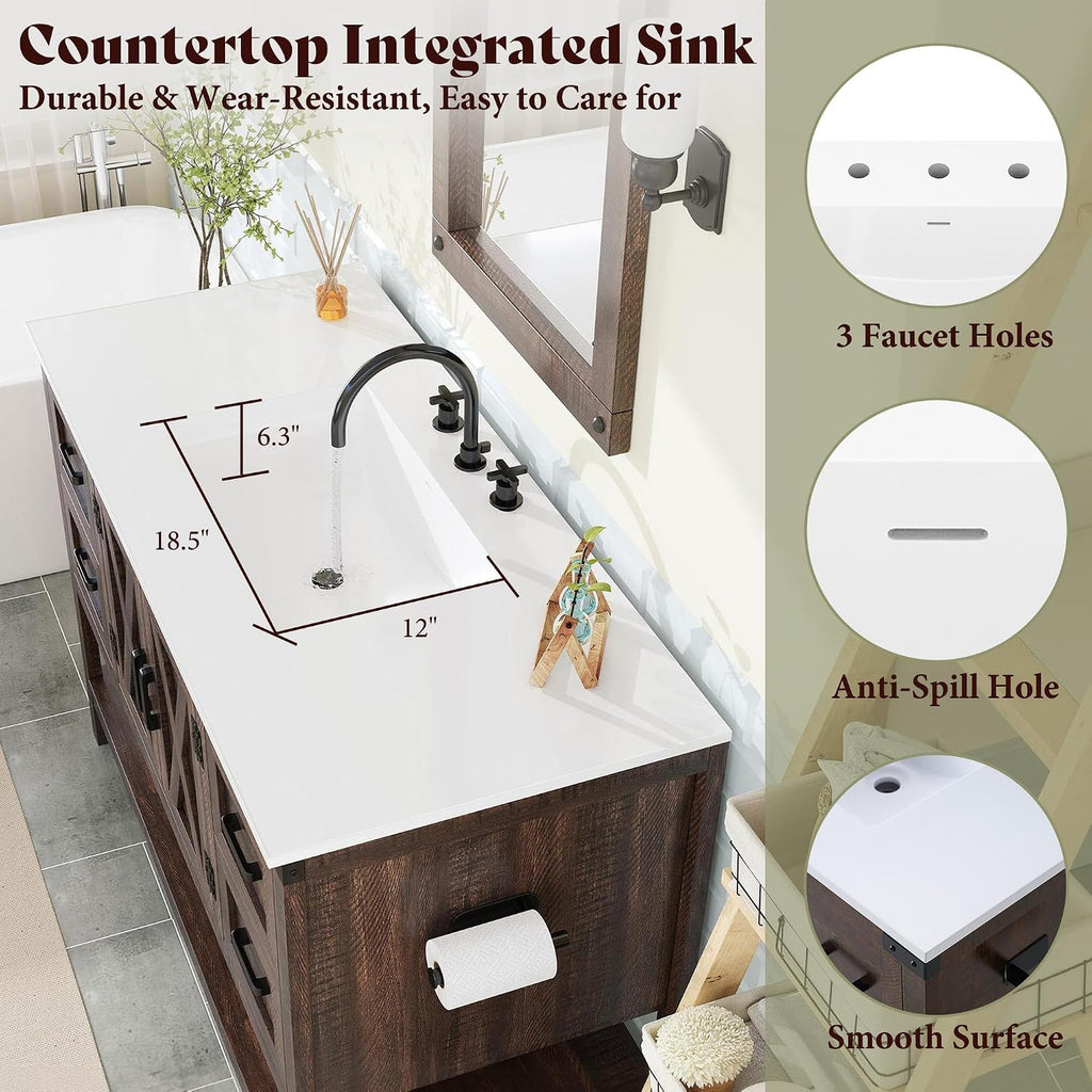 48" Brown Farmhouse Vanity with Solid White Top