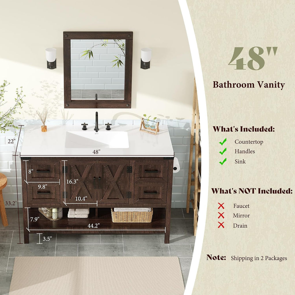 48" Brown Farmhouse Vanity with Solid White Top