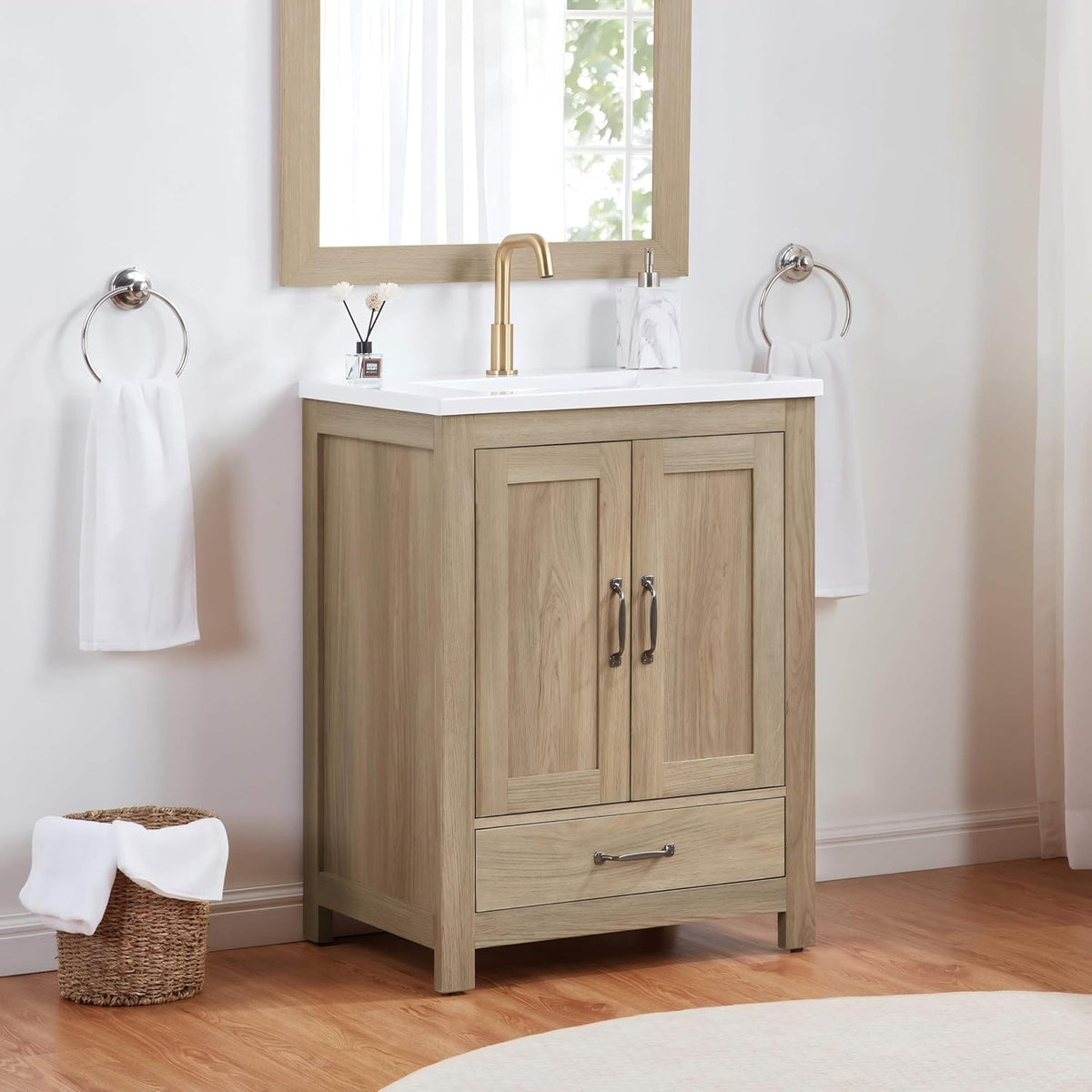 25" Light Oak Farmhouse Bathroom Vanity with Ceramic Sink