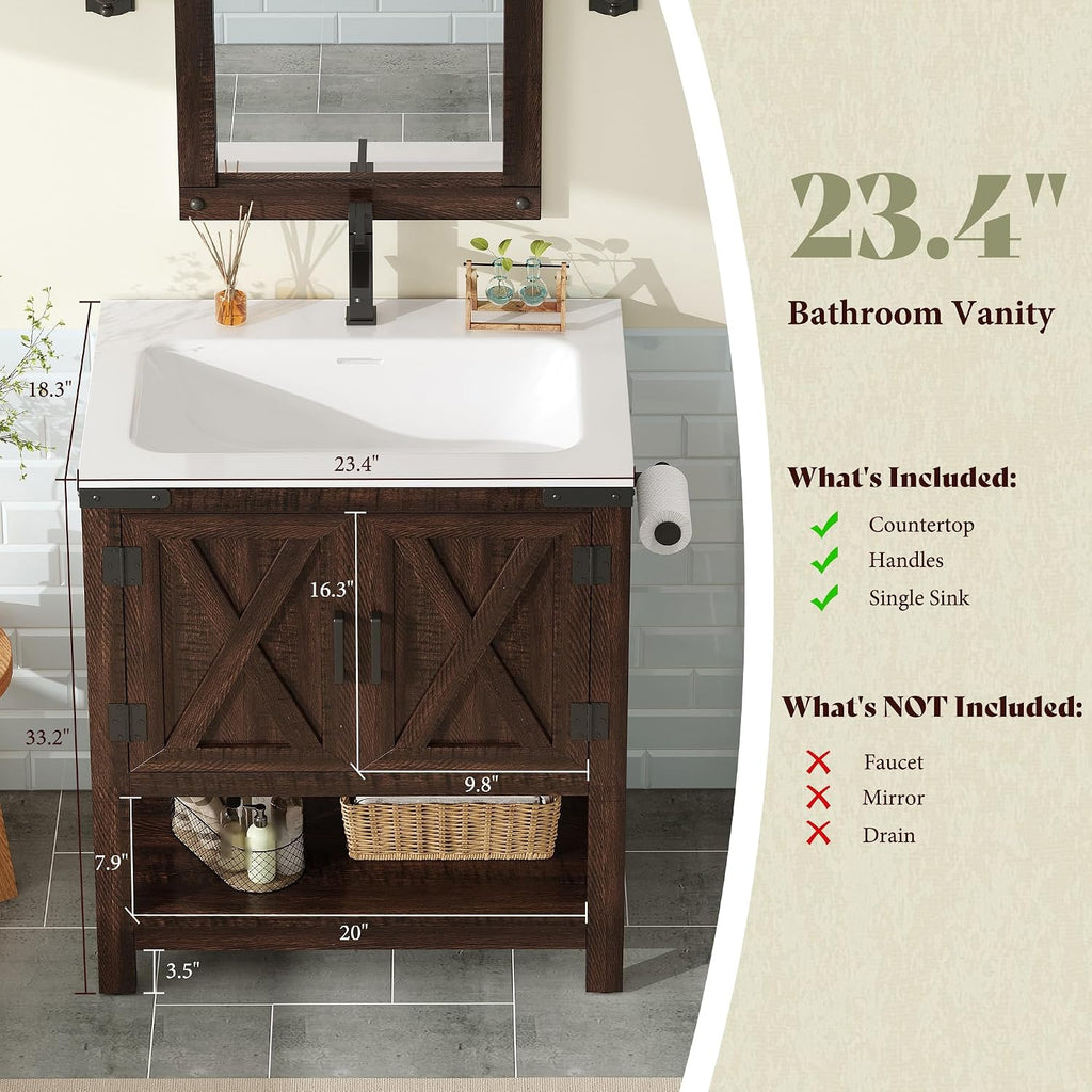 24" Brown Farmhouse Vanity with Sink & Open Shelf