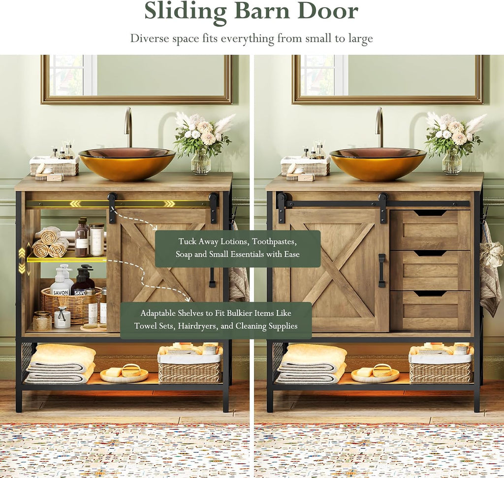 30" Rustic Brown Farmhouse Vanity with Vessel Sink