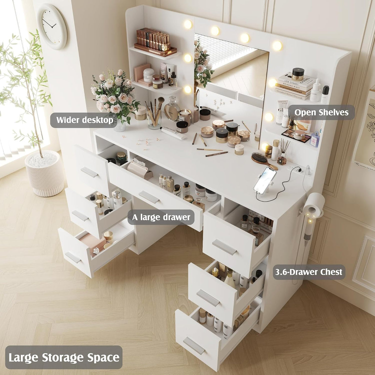 White Lighted Vanity Desk,7 Drawers, Power Outlet