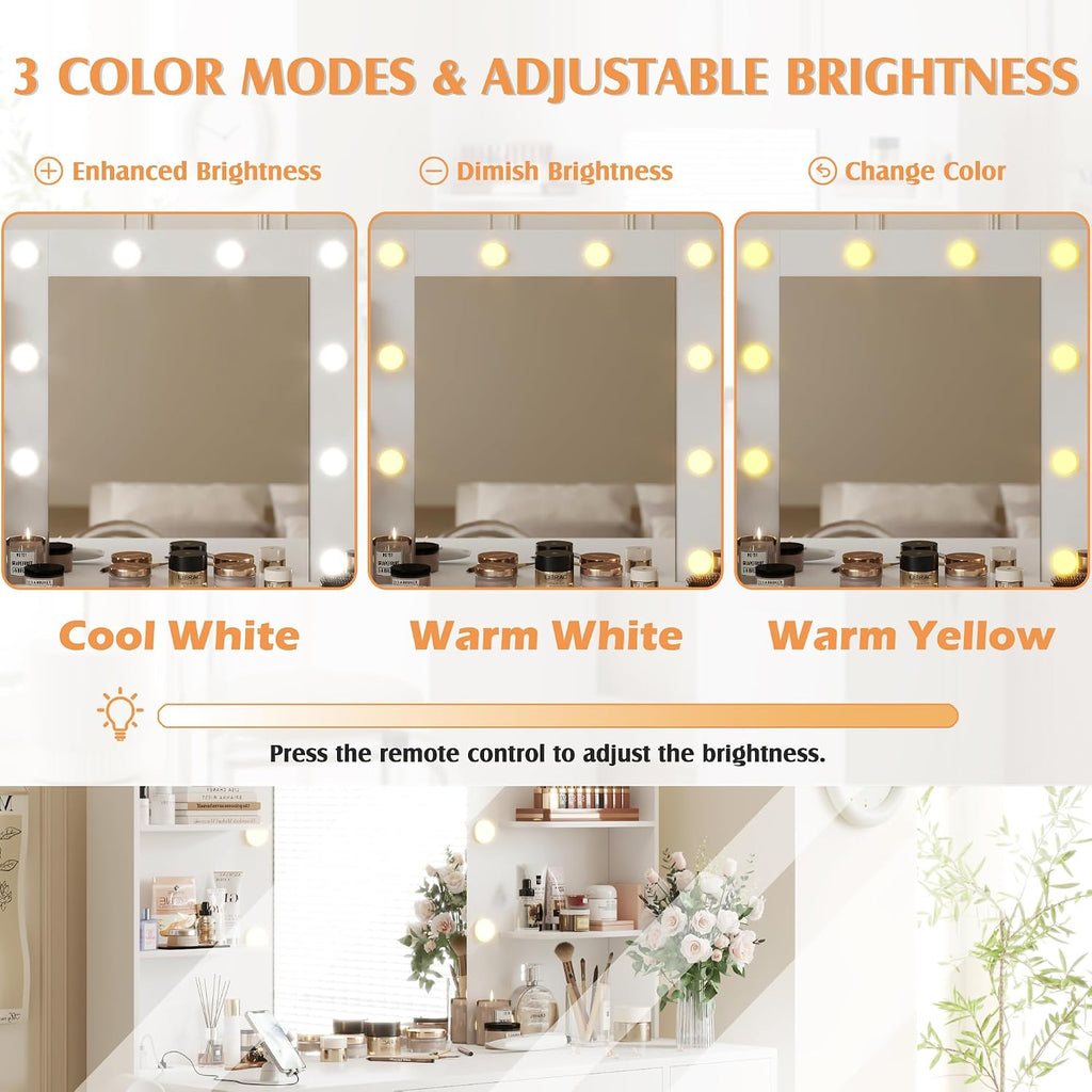 White Lighted Vanity Desk,7 Drawers, Power Outlet