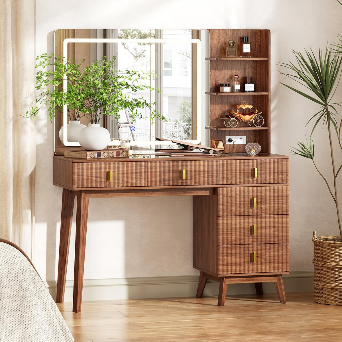 Walnut Lighted Vanity Desk,6 Drawers,Power Outlet