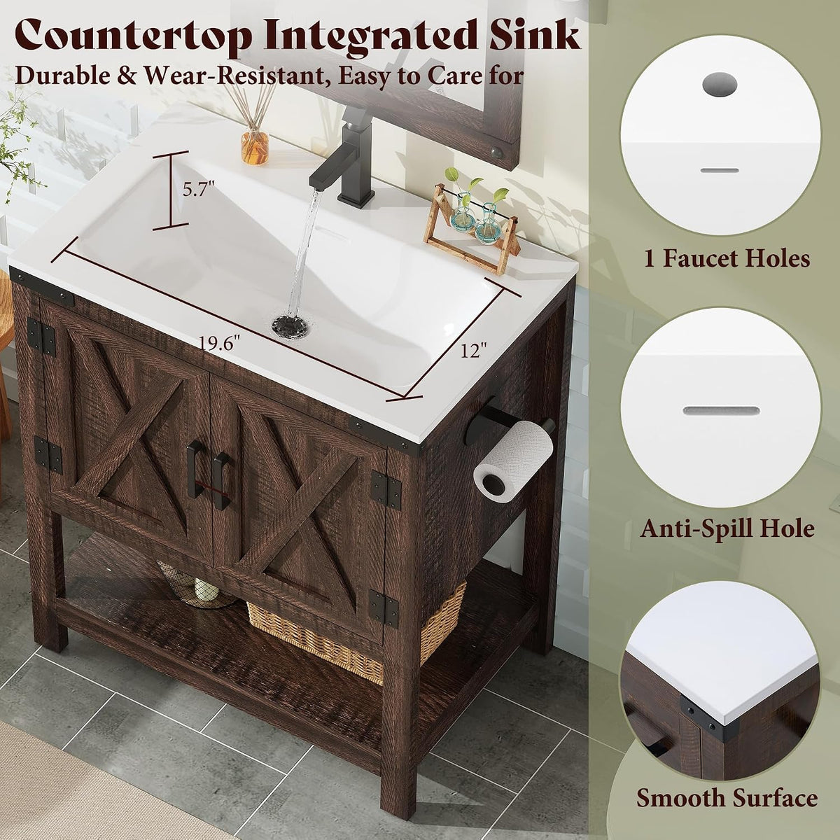 24" Brown Farmhouse Vanity with Sink & Open Shelf