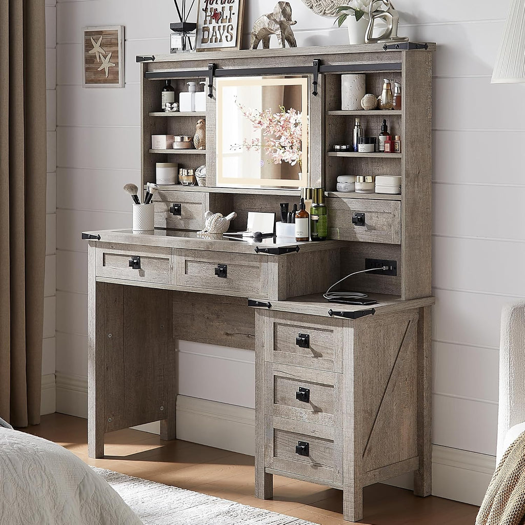 48" Oak Lighted Vanity Desk,7 Drawers,Sliding Mirror