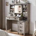 48" Oak Lighted Vanity Desk,7 Drawers,Sliding Mirror