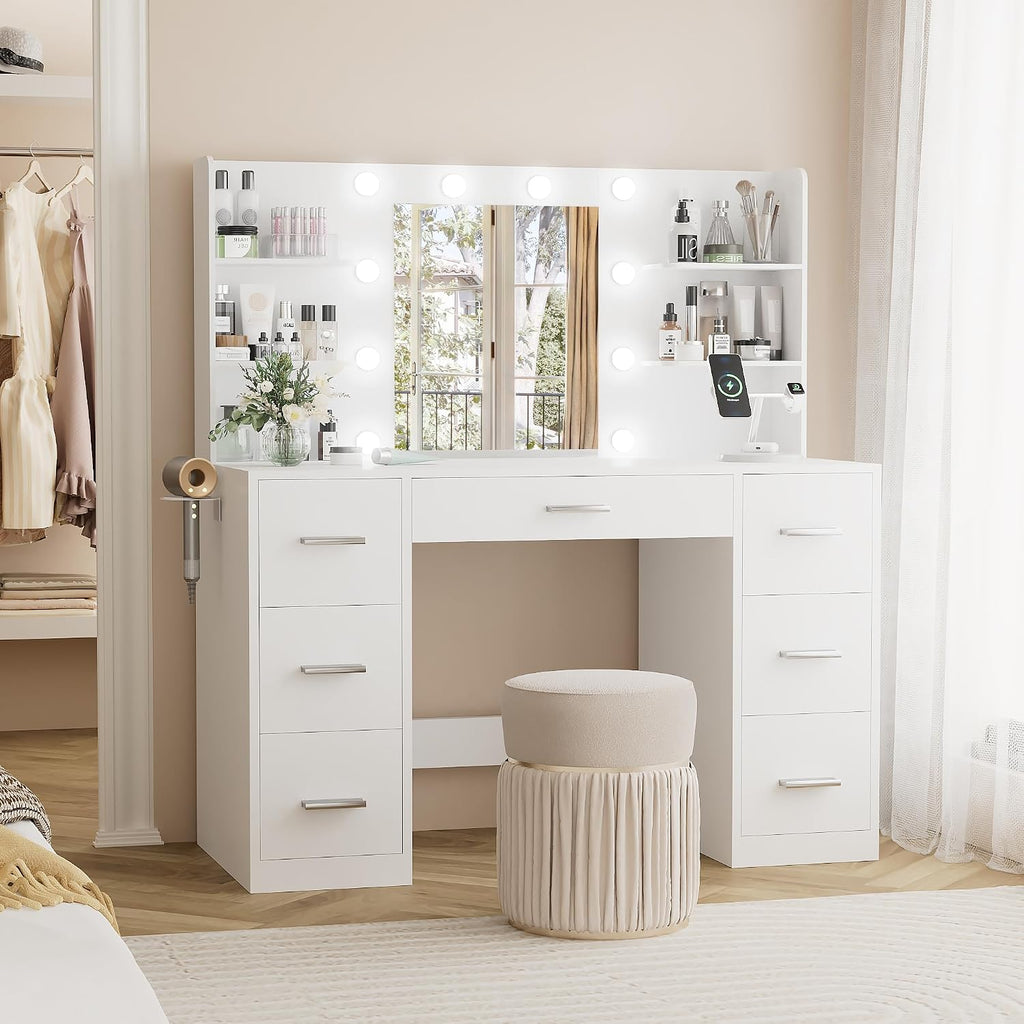 White Lighted Vanity Desk,7 Drawers, Power Outlet