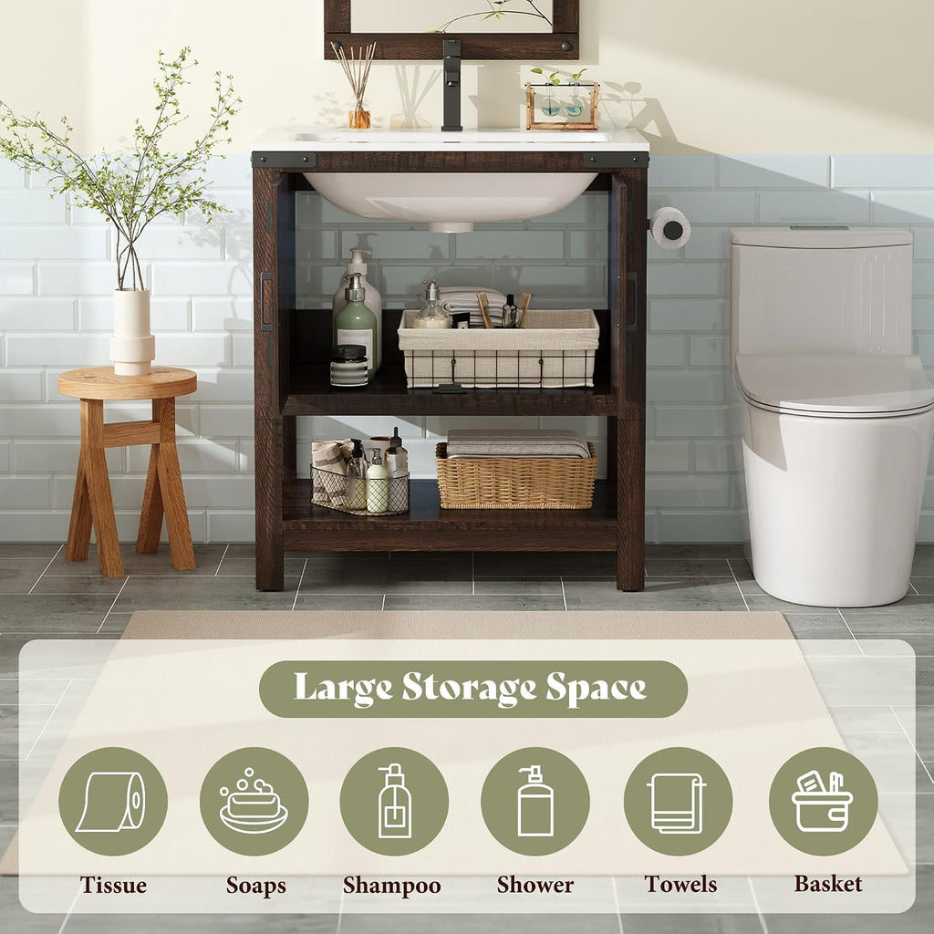 24" Brown Farmhouse Vanity with Sink & Open Shelf