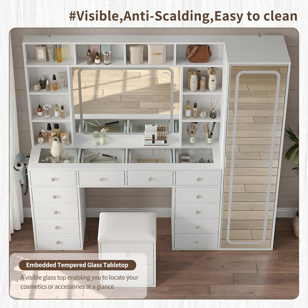 71" White LED Vanity Desk, Hidden Cabinet