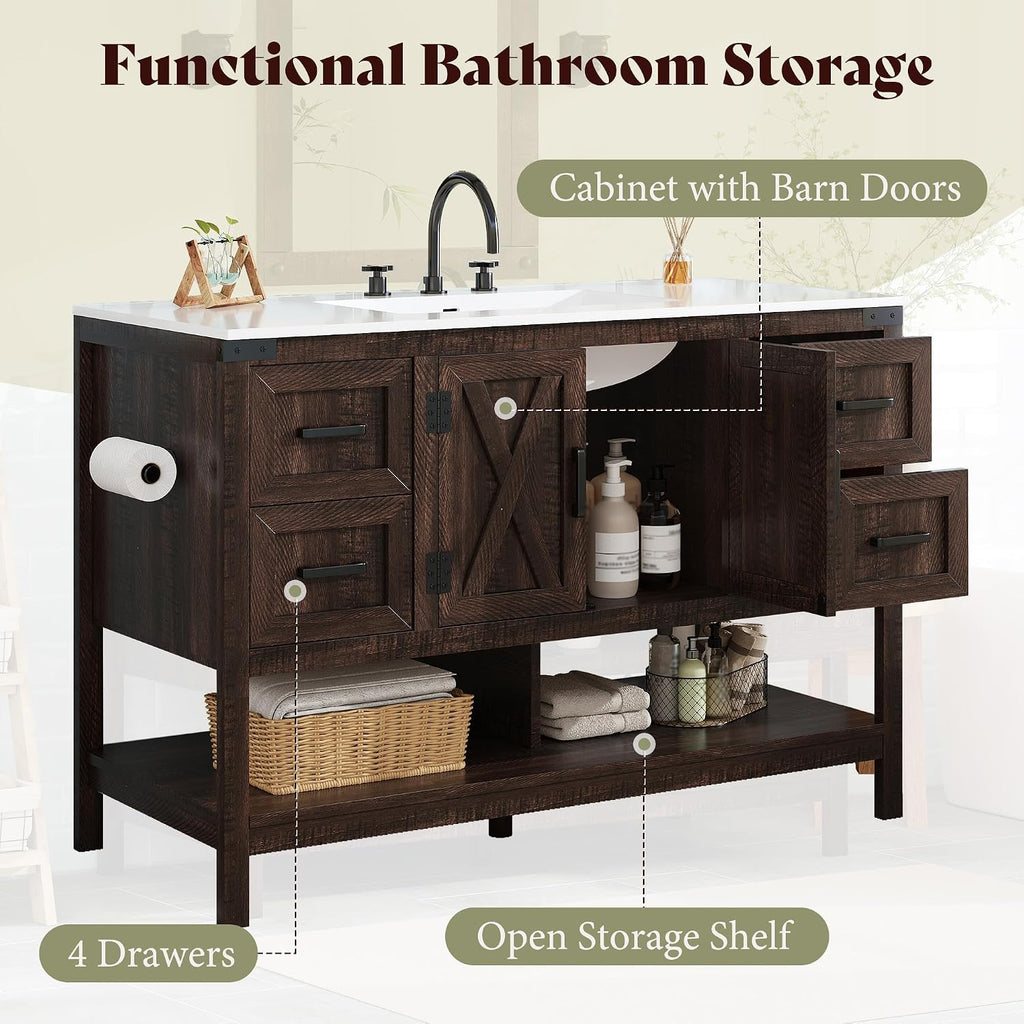 48" Brown Farmhouse Vanity with Solid White Top