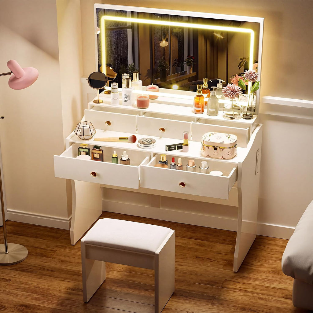 White LED Vanity Desk, 5 Drawers, Power Outlet
