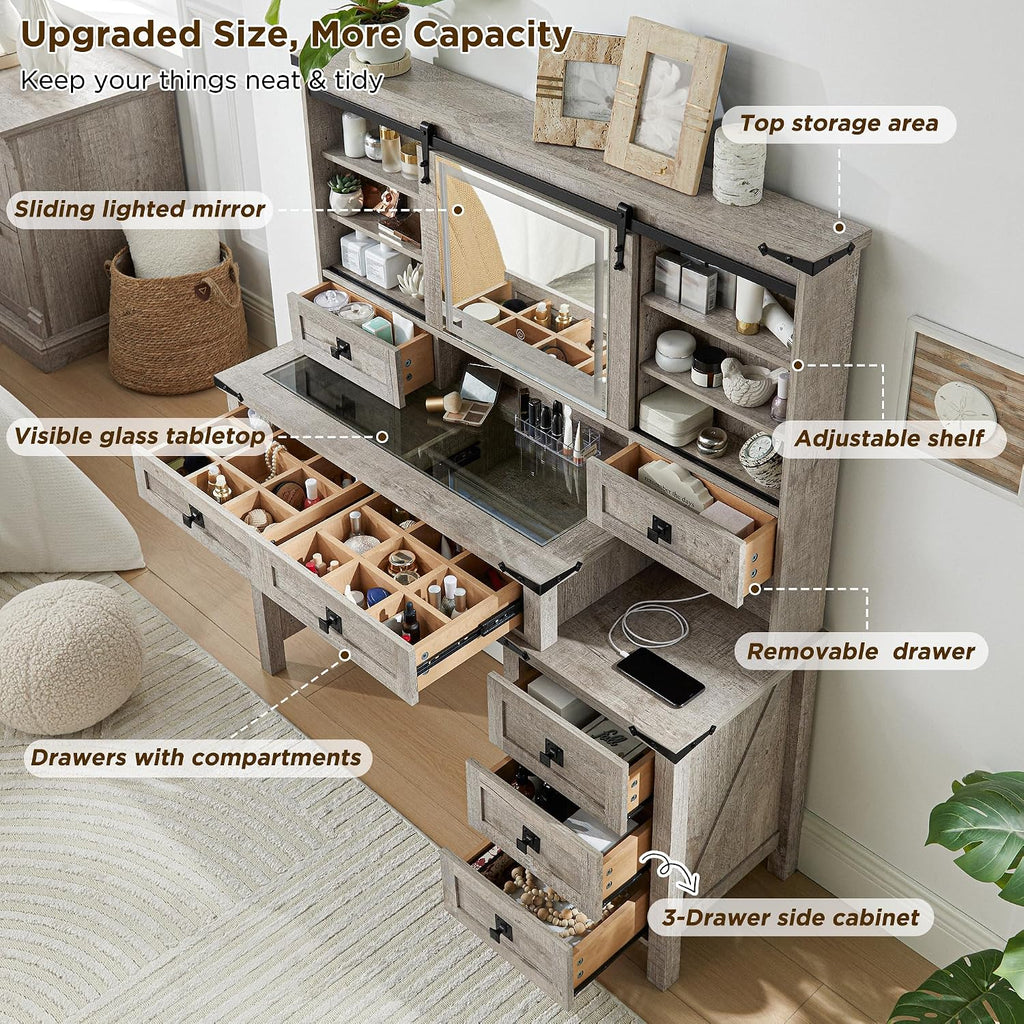 48" Oak Lighted Vanity Desk,7 Drawers,Sliding Mirror